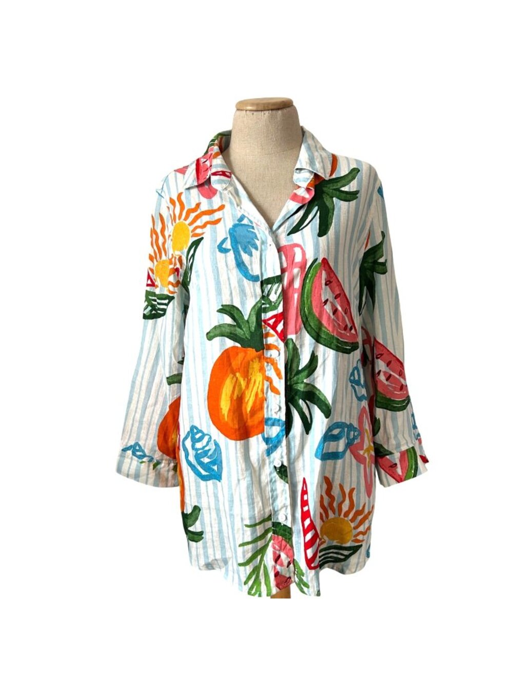 Calypso St. Barth Women's Sz M Fruit Print Linen Blend Button-Down Shirt Top - Picture 1 of 9